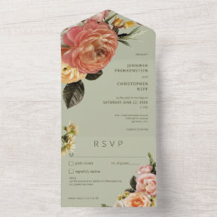 Invitation Tout En Un Moderne Pêche Mimosa Floral Vert Détails