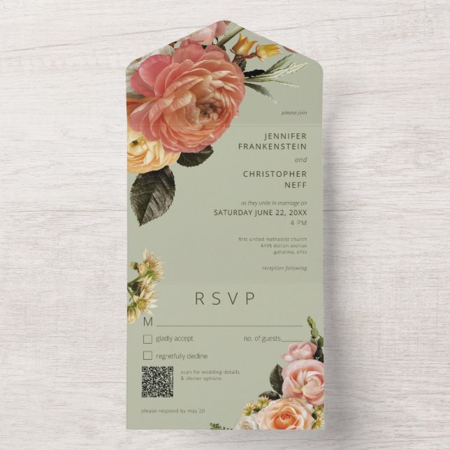 Invitation Tout En Un Moderne Pêche Mimosa Floral Vert QR Code (À l'intérieur)