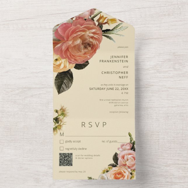 Invitation Tout En Un Moderne Pêche Mimosa Floral Vert QR Code (À l'intérieur)