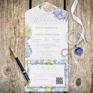 Invitation Tout En Un Moderne Périwinkel & Hydrangeas blanc Code QR