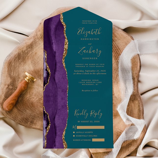 Invitation Tout En Un Moderne Purple Gold Agate Mariage Turquoise (Créateur téléchargé)