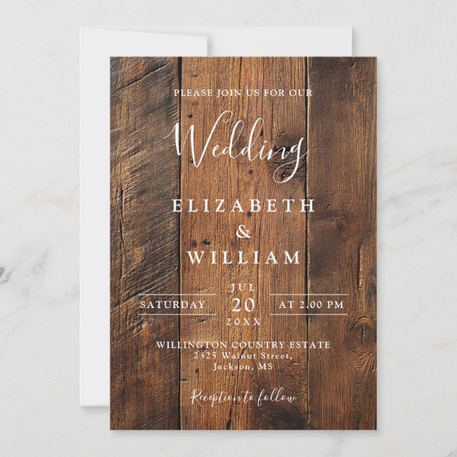 Invitation Tout en un moderne Rustic Barne Mariage en bois (Devant)