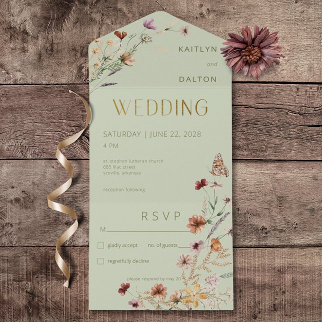 Invitation Tout En Un Moderne Sage Vert Bouquet Fleur sauvage Non Dîner (Modern Sage Green Wildflower Bouquet All In One Wedding Invitation without Dinner Options)