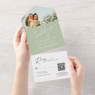 Invitation Tout En Un Moderne Script Sage Green Photo QR Code Mariage