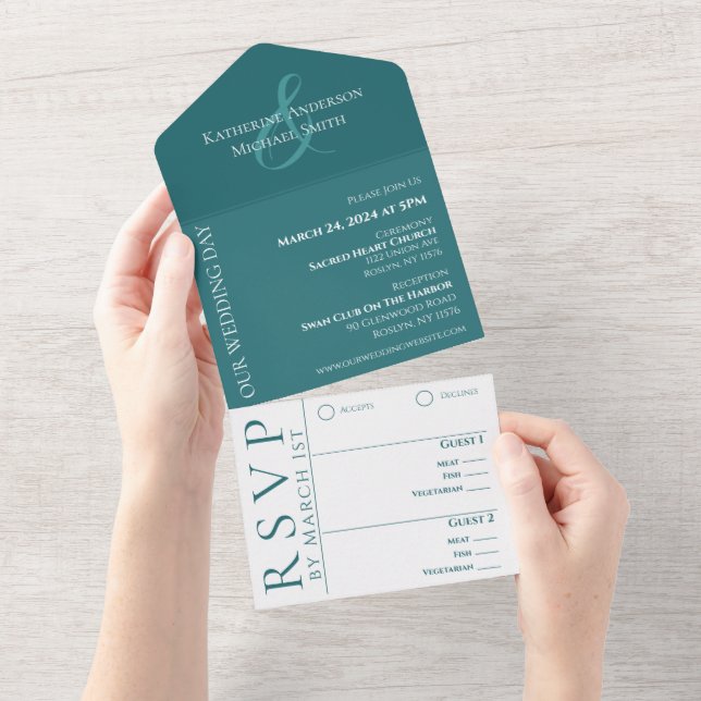 Invitation Tout En Un Moderne simple Mariage vert émeraude (Déchirure)