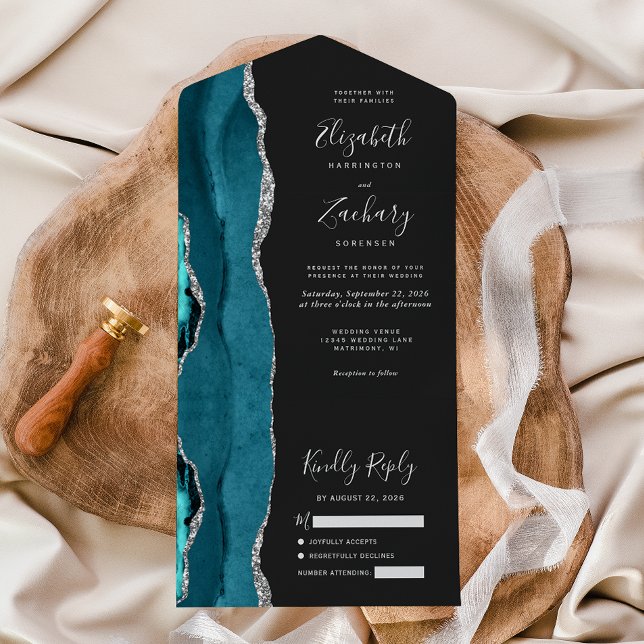 Invitation Tout En Un Moderne Turquoise Argent Agate Mariage foncé (Créateur téléchargé)