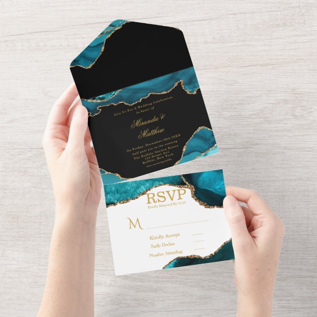 Invitation Tout En Un Moderne Turquoise et doré Agate Mariage en pierre (Déchirure)