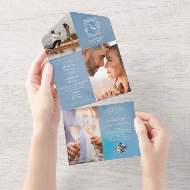 Invitation Tout En Un Monogram Crest 3 Photo QR Code Dusty Blue Mariage (Déchirure)