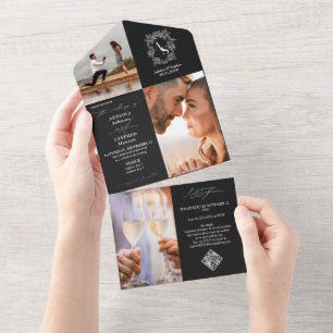Invitation Tout En Un Monogram Crest 3 Photo QR Code noir blanc Mariage