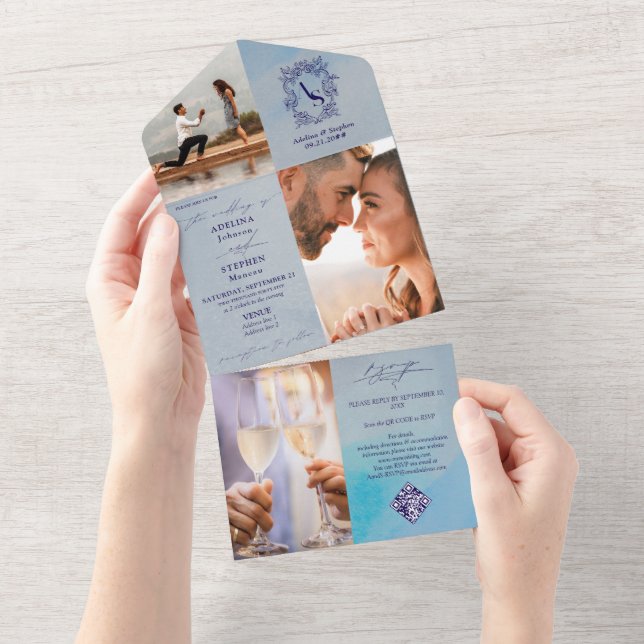 Invitation Tout En Un Monogram Crest 3 Photo QR Code Preppy Mariage bleu (Déchirure)