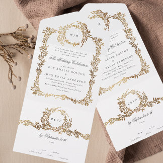 Invitation Tout En Un Monogram Gold Foil Crest Classic Elegant Wedding