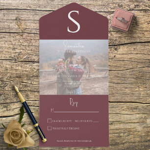 Invitation Tout En Un Monogram Modern Photo Bourgogne Vin Pas de dîner