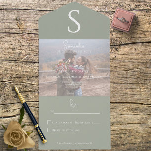 Invitation Tout En Un Monogram Modern Photo Sage Vert Pas de dîner