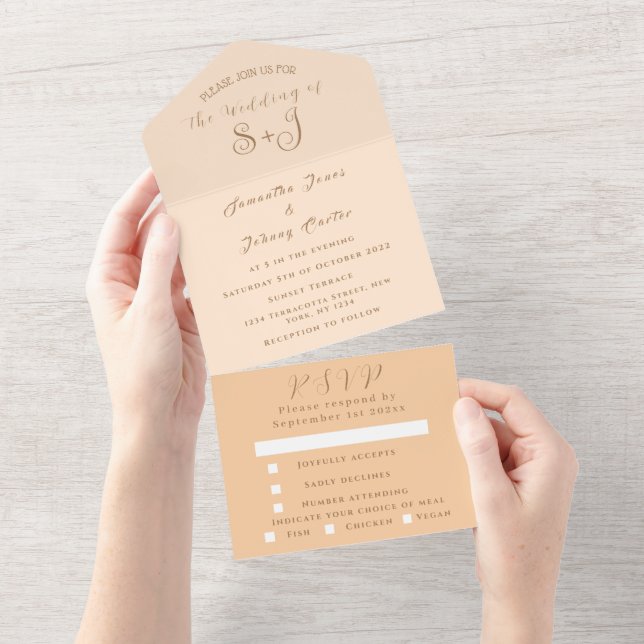Invitation Tout En Un Monogram Simple Champagne Dusty rose Mariage (Déchirure)