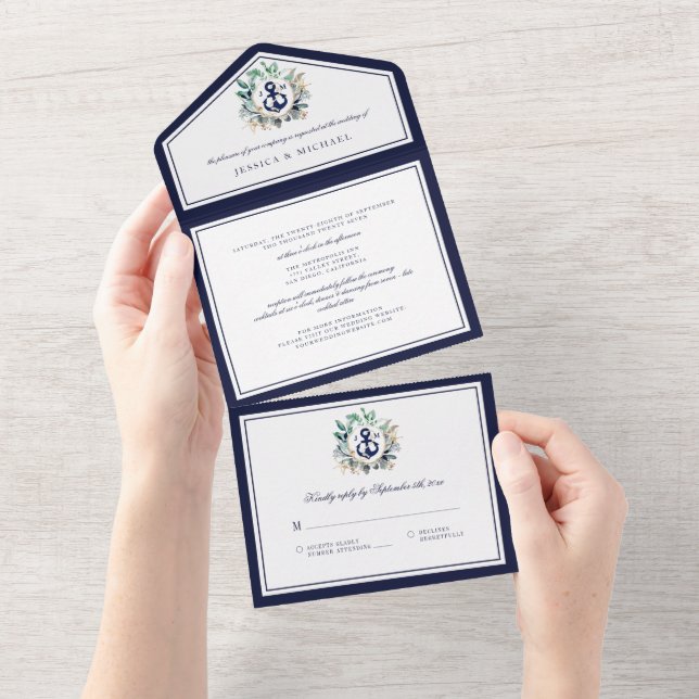 Invitation Tout En Un Monogramme Ancre nautique Mariage de marine (Déchirure)