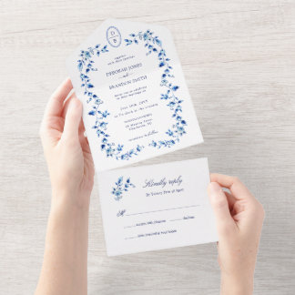 Invitation Tout En Un Monogramme Bleu et blanc Delft