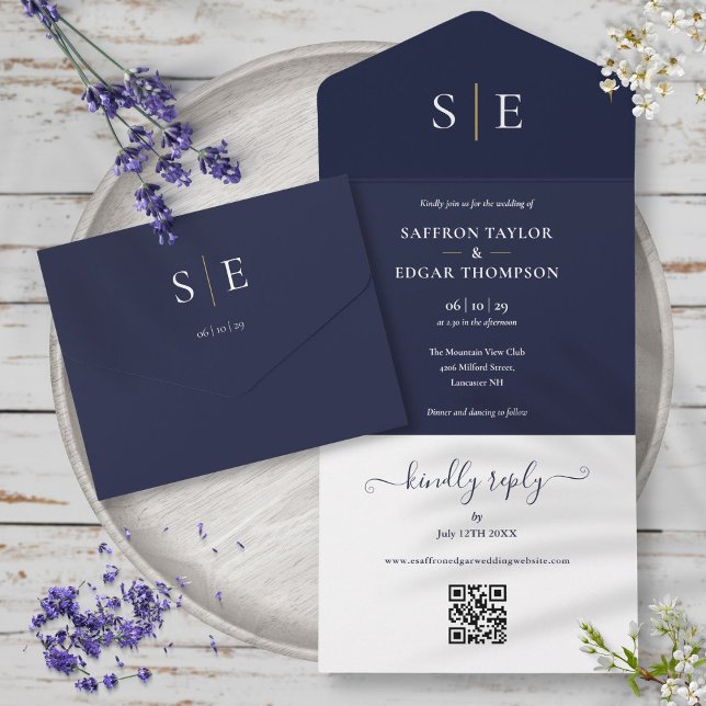 Invitation Tout En Un Monogramme bleu marine et or Code QR Mariage (Navy Blue And Gold Monogram QR Code Wedding All In One Invitation)