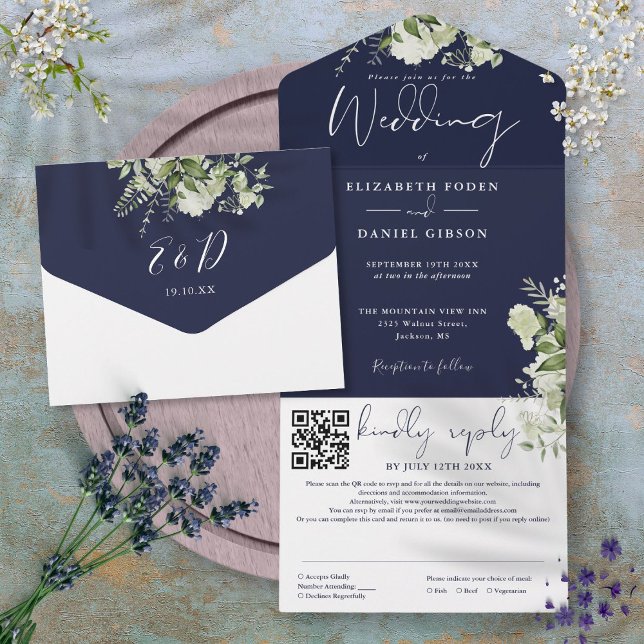Invitation Tout En Un Monogramme bleu marine QR Code Mariage (Navy Blue Greenery Monogram QR Code Wedding All In One Invitation)