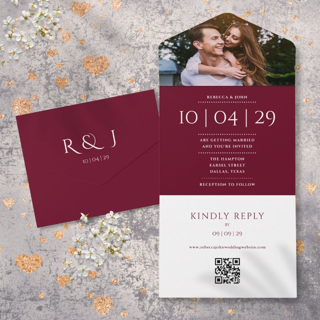 Invitation Tout En Un Monogramme Bourgogne QR Code Mariage photo Date (Burgundy Monogram QR Code Photo Wedding Date All In One Invitation)