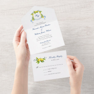 Invitation Tout En Un Monogramme Crest aquarelle Lemons Mariage