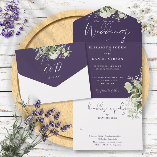 Invitation Tout En Un Monogramme de mariage de botanique violette  (Purple Botanical Greenery Monogram Wedding All In One Invitation)