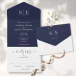 Invitation Tout En Un Monogramme Elegant Marine Bleu Et Mariage Or<br><div class="desc">Ce chic minimaliste tout-en-un peut être personnalisé avec vos initiales monogrammes et informations de mariage sur un arrière - plan bleu marine. L'invitation comprend une carte RSVP perforée qui peut être adressée individuellement ou laissée vide pour que vous puissiez écrire à la main les coordonnées de votre invité. Conçu par...</div>