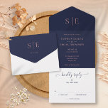 Invitation Tout En Un Monogramme Elegant Marine Bleu Et Rose Mariage Or<br><div class="desc">Ce chic minimaliste tout-en-un peut être personnalisé avec vos initiales monogrammes et informations de mariage en or rose sur un arrière - plan bleu marine. L'invitation comprend une carte RSVP perforée qui peut être adressée individuellement ou laissée vide pour que vous puissiez écrire à la main les coordonnées de votre...</div>