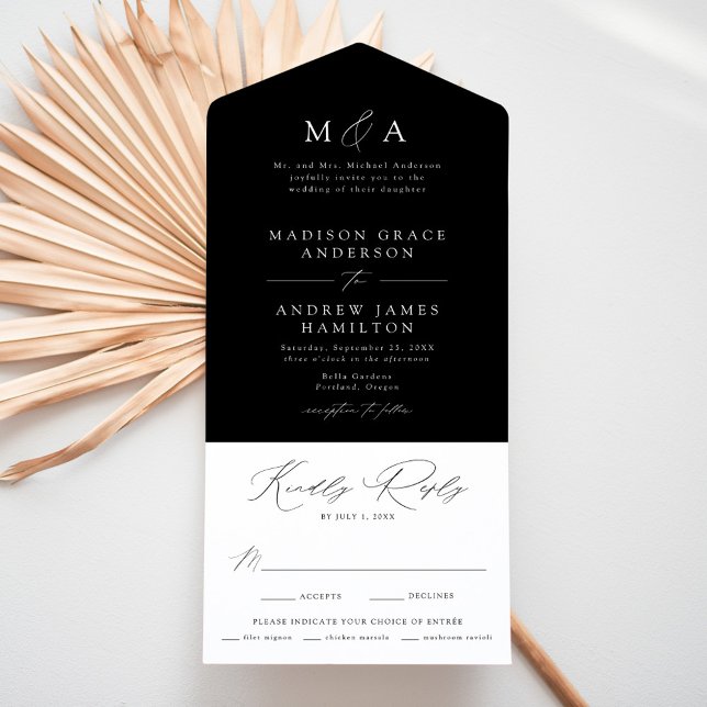 Invitation Tout En Un Monogramme élégant moderne Mariage noir et blanc (Créateur téléchargé)