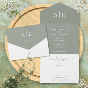 Invitation Tout En Un Monogramme Elegant Sage Vert minimaliste Mariage