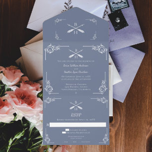Invitation Tout En Un Monogramme et flèches bleu poussiéreux Mariage
