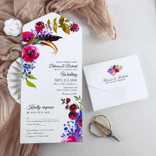 Invitation Tout En Un Monogramme floral bordeaux lumineux Mariage élégan