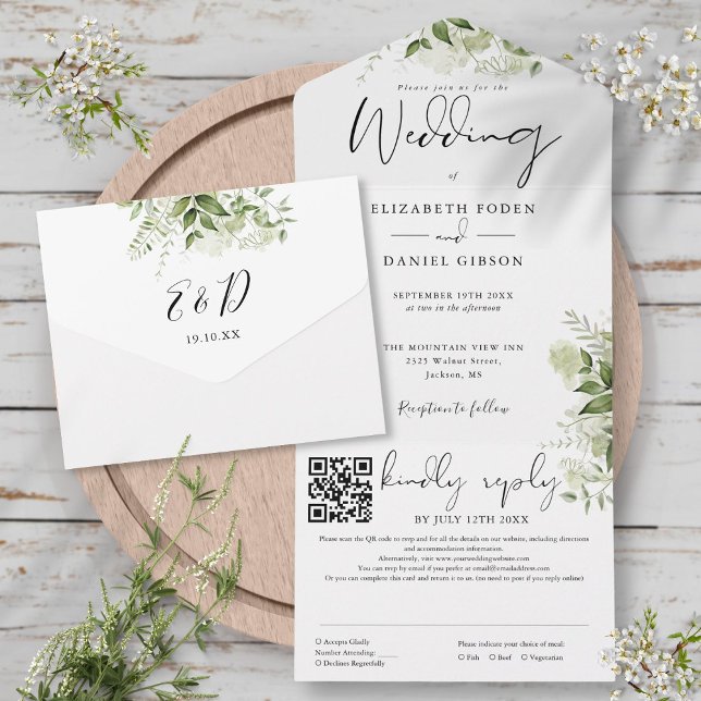Invitation Tout En Un Monogramme Floral Code QR de Mariage de Verdure (Greenery Floral Monogram QR Code Wedding All In One Invitation)