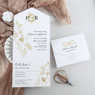 Invitation Tout En Un Monogramme Floral Élégant Doré de Mariage