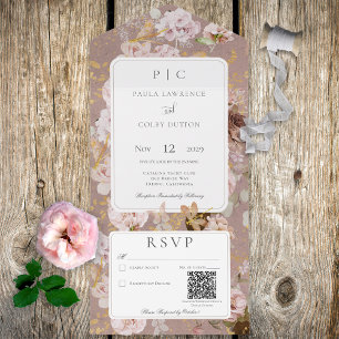 Invitation Tout En Un Monogramme floral rose vintage QR Code