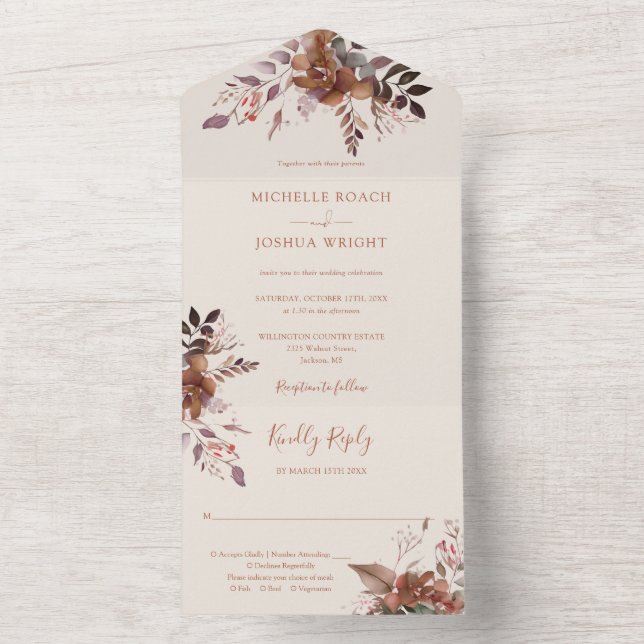Invitation Tout En Un Monogramme floral rustique Mariage de automne d'au (À l'intérieur)