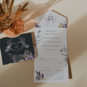 Invitation Tout En Un Monogramme Mariage d'Halloween floral squelette