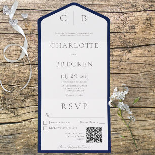 Invitation Tout En Un Monogramme minimal bleu et blanc marine Code QR