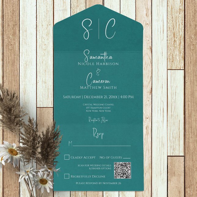 Invitation Tout En Un Monogramme minimal Turquoise moderne Code QR (Créateur téléchargé)