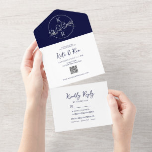 Invitation Tout En Un Monogramme minimaliste Mariage bleu marine