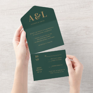 Invitation Tout En Un Monogramme minimaliste mariage Emerald Green Gold