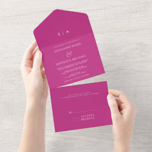 Invitation Tout En Un Monogramme minimaliste moderne Magenta et Mariage