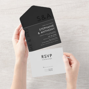 Invitation Tout En Un Monogramme minimaliste moderne Mariage noir et bla