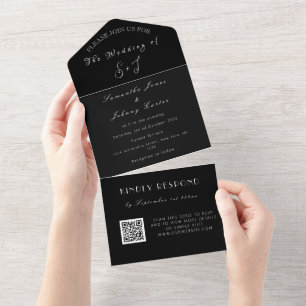 Invitation Tout En Un Monogramme minimaliste noir blanc QR Code Mariage