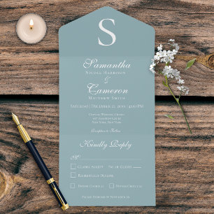 Invitation Tout En Un Monogramme moderne Aqua Blue Dinner