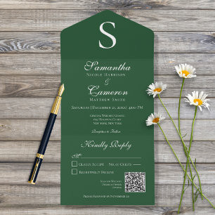 Invitation Tout En Un Monogramme moderne Emerald Green QR Code