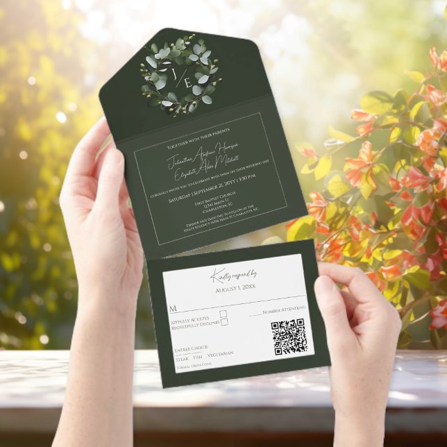 Invitation Tout En Un Monogramme moderne Eucalyptus Wreath Dark Green (Dark Green Modern Monogram Eucalyptus Wreath All in One Wedding Invitation)