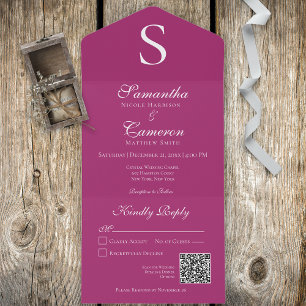 Invitation Tout En Un Monogramme moderne Fuchsia rose QR Code