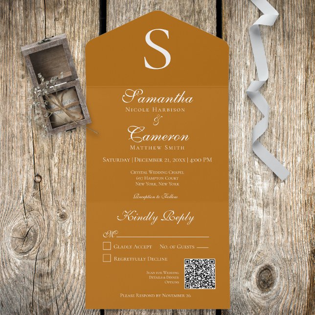 Invitation Tout En Un Monogramme moderne rouille brûlé Orange QR Code (Créateur téléchargé)