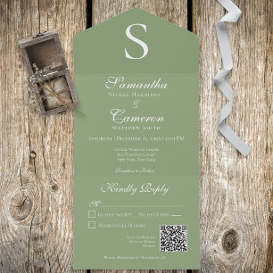 Invitation Tout En Un Monogramme moderne Sage Green QR Code