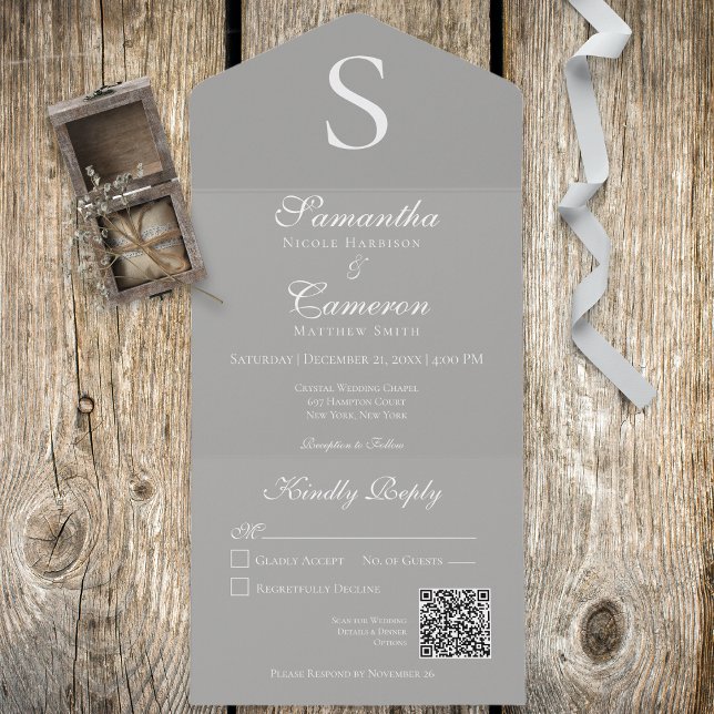Invitation Tout En Un Monogramme moderne Silver Grey QR Code (Créateur téléchargé)
